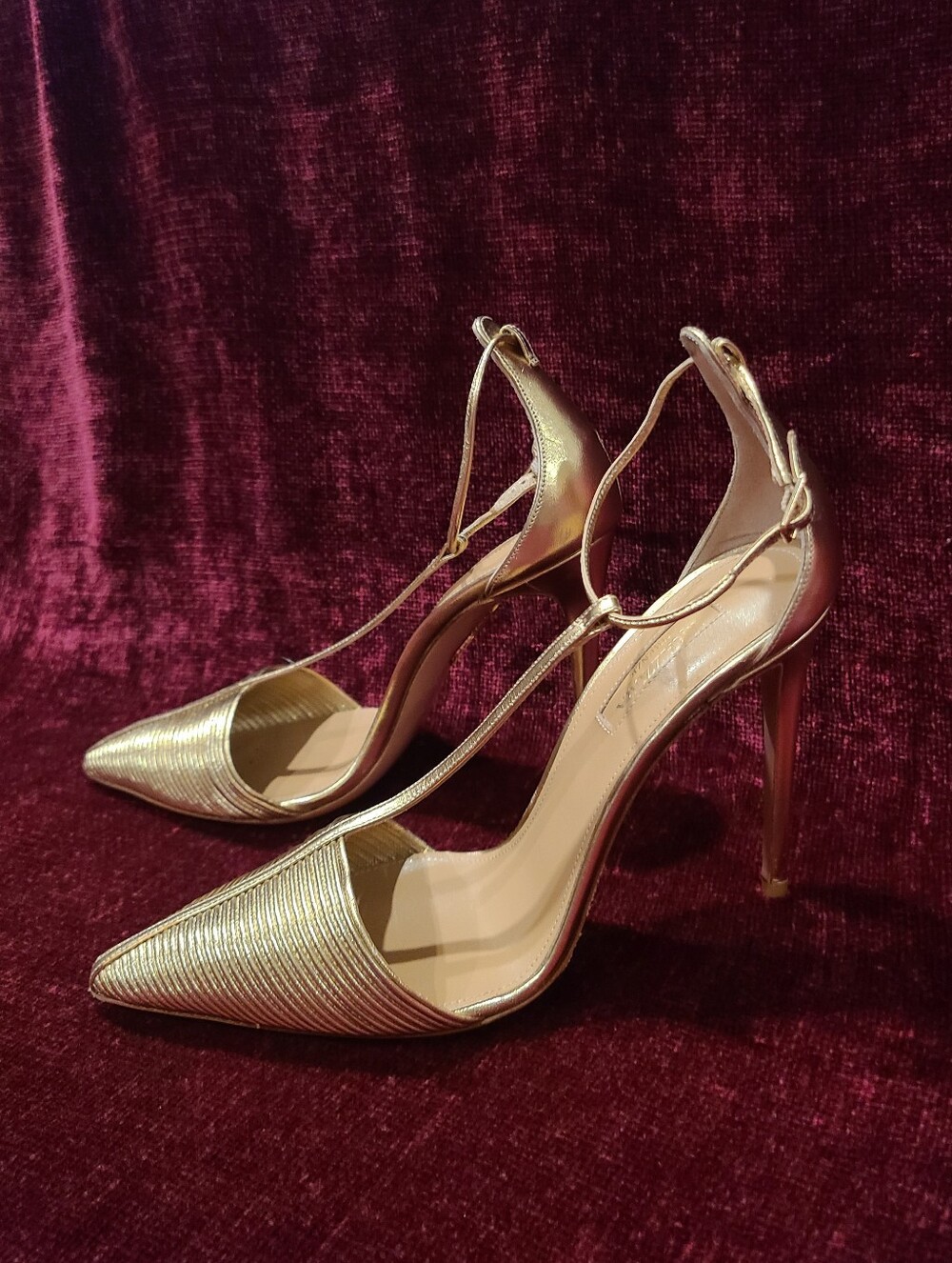 Aquazzura Metallic Strappy Gold Leather Pointed Toe Stiletto Heels Size 8 - Picture 10 of 15